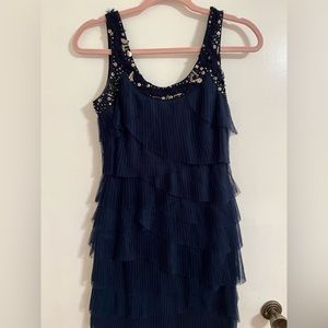 Formal Ruffled Navy Miss Me Dress w/ Beaded Straps - Size S